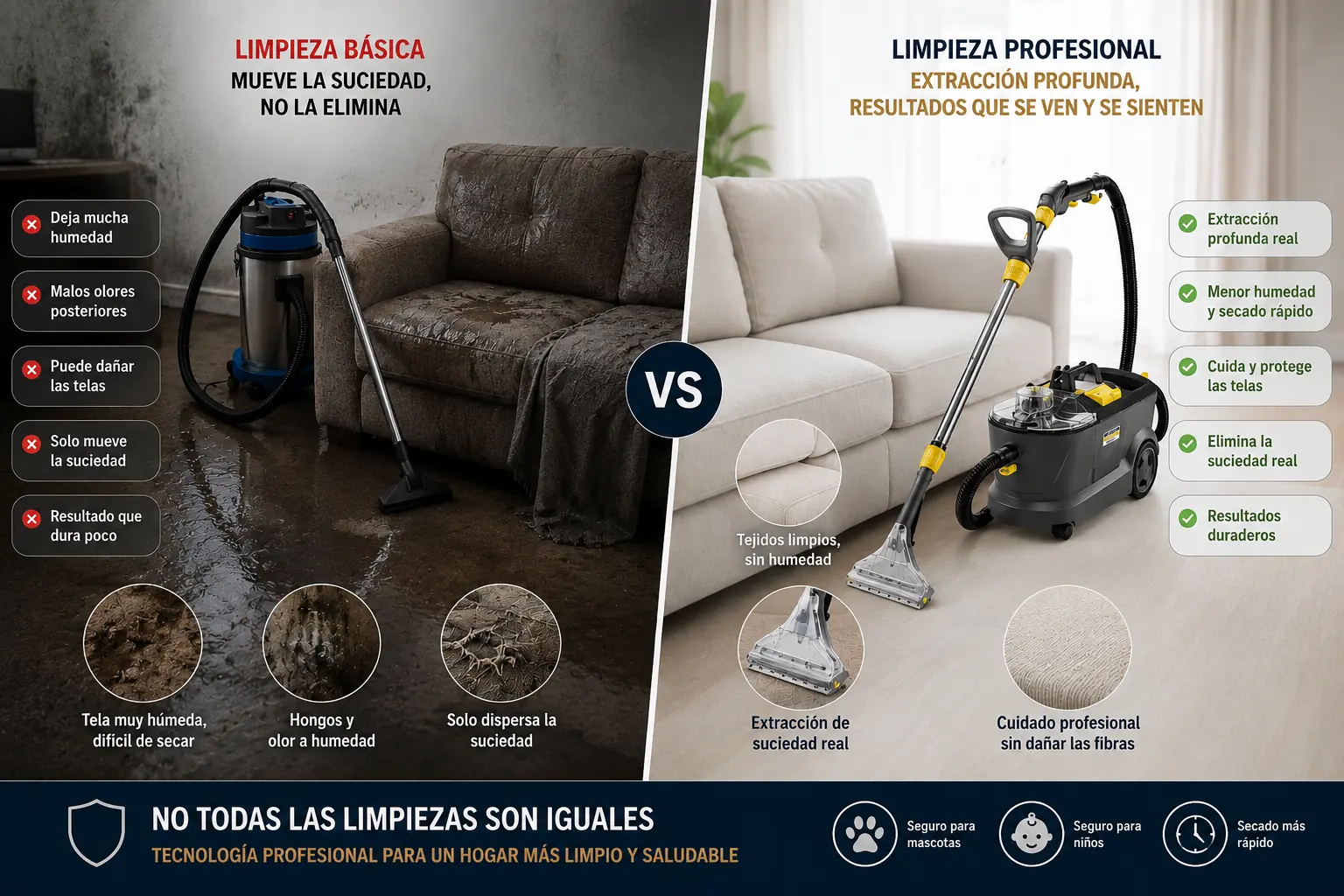 Comparación entre limpieza básica y extracción profesional de tapices
